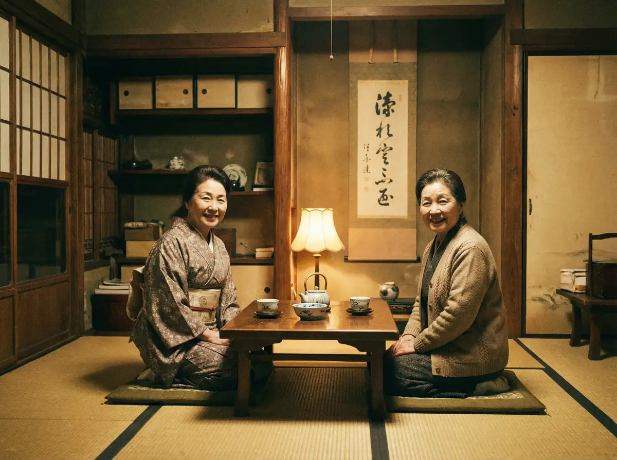 两位优雅的 色漫 在日式茶室中品茶交谈